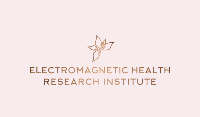 Electromagnetic Health Research Institute logo - gold lettering with light rose background