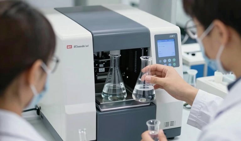 Laboratory scientists using a benchtop spectrophotometer to analyze chemical liquid samples in glass flasks.