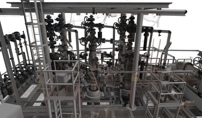 Detailed 3D laser scan point cloud of an industrial oil and gas refinery piping system.