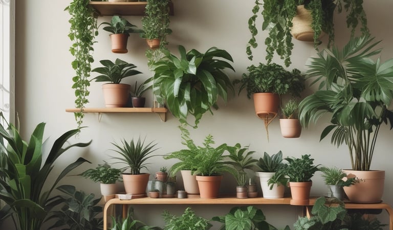 Room filled with assorted houseplants arranged on wooden shelves and hanging planters.