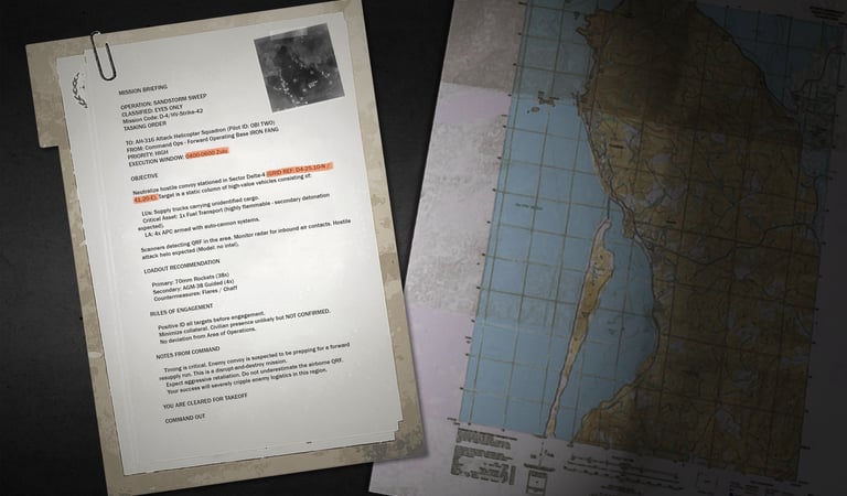 Tablet with mission briefing and a map