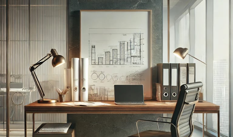 Espaço de trabalho com laptop e documentos, simbolizando inovação e planejamento.