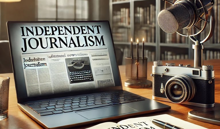 Mesa com microfone, câmera e laptop, simbolizando jornalismo investigativo.