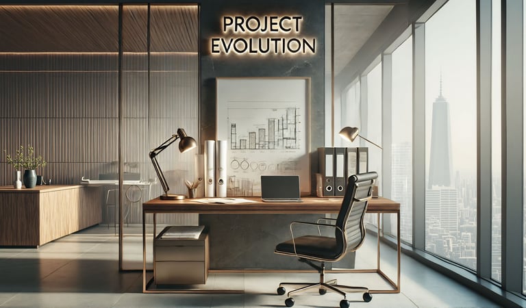 Espaço de trabalho com laptop e documentos, simbolizando inovação e planejamento.