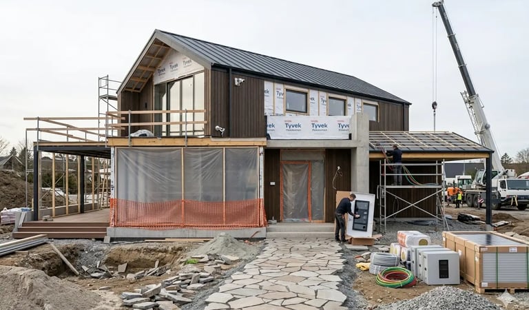 Uma casa inteligente moderna em construção, com revestimento escuro, caminho de pedra e um guindaste