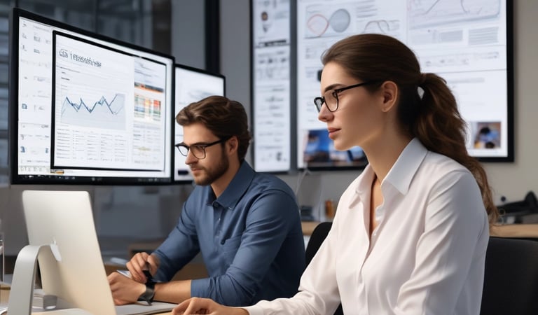 A team collaborating around a laptop with digital marketing charts on screen.