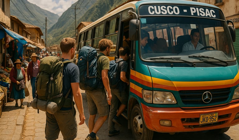Backpackers boarding a colorful Cusco–Pisac colectivo bus in a small Andean town with local vendors and mountains in the back