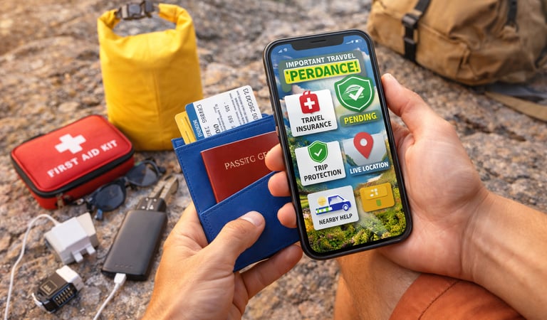 Traveler holding phone with travel insurance app and passport wallet, surrounded by first aid kit power bank and essentials.