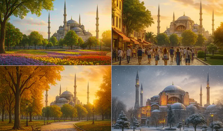 A collage of four seasonal views of Istanbul, showing the Blue Mosque in spring with blooming tulips, vibrant summer crowds i