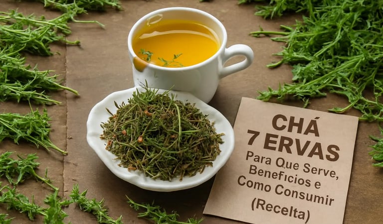 Xícara de chá 7 ervas amarelo ao lado de ervas secas e guia de benefícios e receitas.
