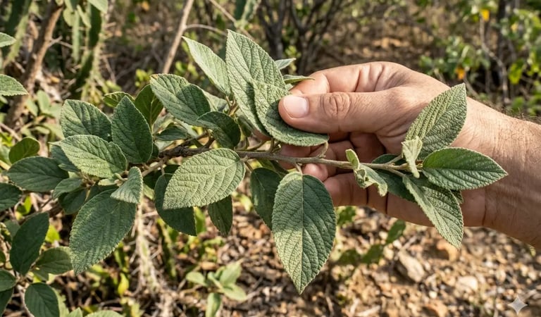 Mão segurando galho de catinga-de-mulata com folhas verdes e levemente peludas