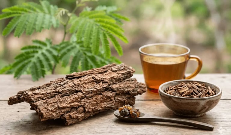 Pedaços naturais de casca de angico com chá de ervas e resina para medicina tradicional.