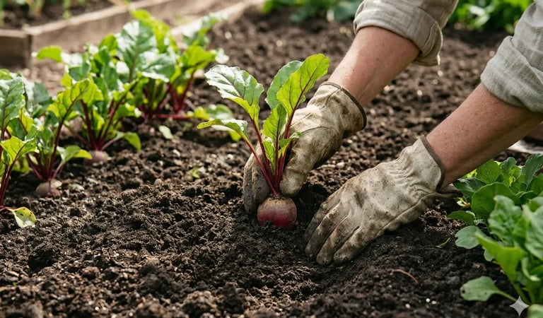 Agricultor com luvas de trabalho plantando beterrabas orgânicas em um canteiro de solo fértil.