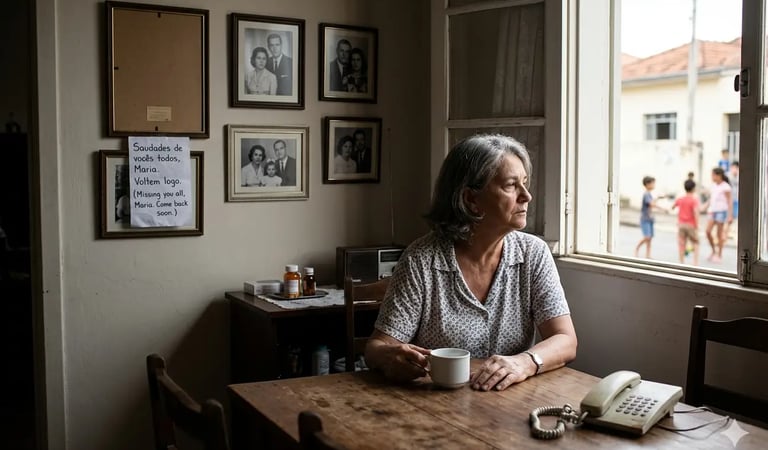 Mulher idosa, com expressão de abandono, olha pela janela à mesa de madeira, com café e telefone 