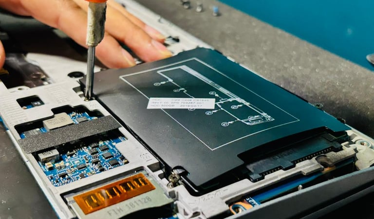 Un técnico utiliza un destornillador para reemplazar la batería de una computadora portátil y repara