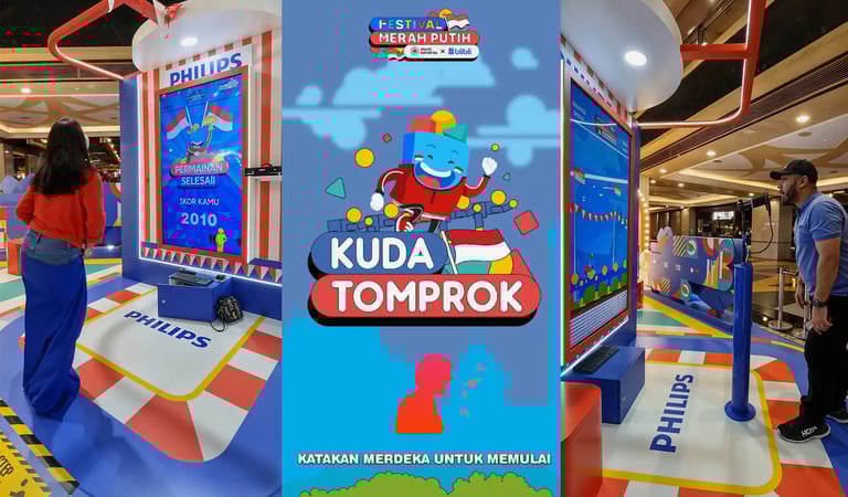 Interactive game booth design for Festival Merah Putih X Blibli featuring Kuda Tomprok and Balap Kar