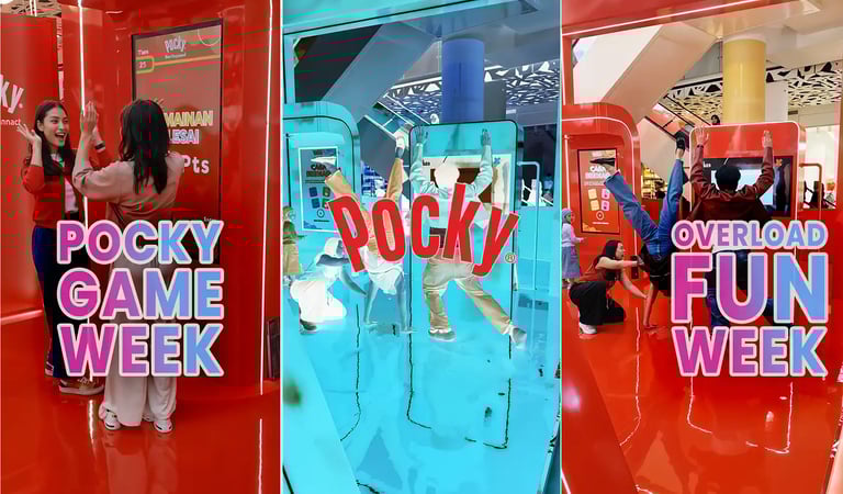 Collage of Pocky Connectopia event highlights featuring the red booth, game UI, and happy participan