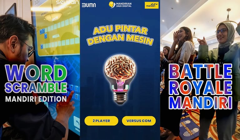 Mandiri Learning Festival game UI designs featuring Word Scramble, Knowledge Bulb, and Battle Royale