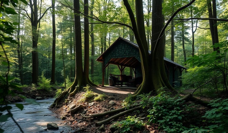 a large shelter in dense forest surrounded by greenery