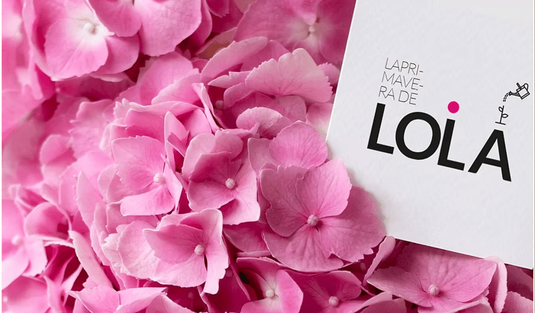 Hortensias rosas con tarjeta del logotipo La Primavera de Lola, diseño de logotipo en Las Palmas