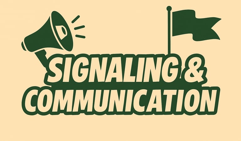 Signaling and Communication header with megaphone and flag icons, about emergency alerts, wilderness rescue, survival signali