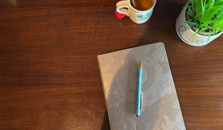 A silver embossed journal and blue pen on a wooden desk with a cup of tea and a potted green plant.