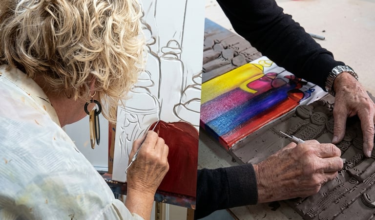 Le geste artistique : Patricia Pierrard peignant et Daniel Pierrard sculptant la terre