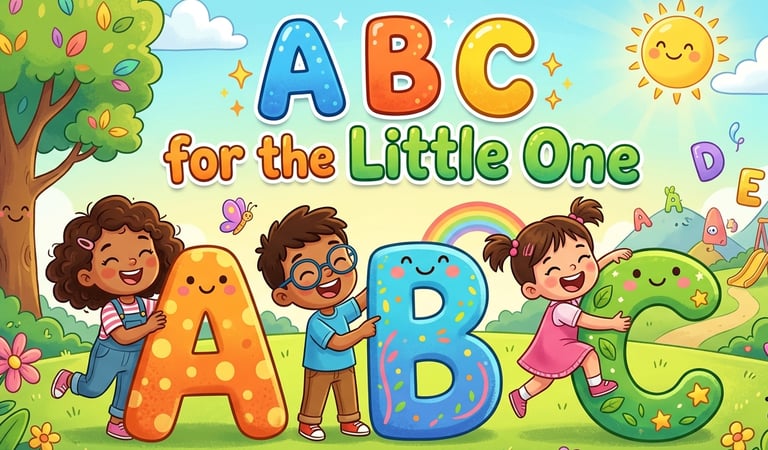 Happy diverse kids hugging colorful ABC alphabet letters in a sunny park illustration for early learning.