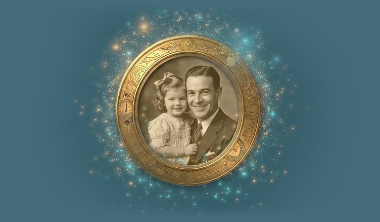 Prueba gratuita PhotoMotion AI: Restauración y animación de una fotografía antigua con marco dorado.