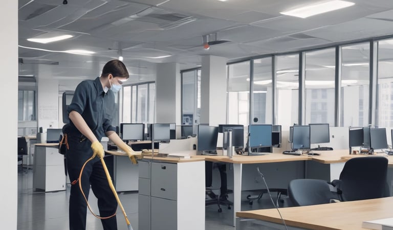 A professional cleaner carefully sanitizing an office desk with blue and navy accents.