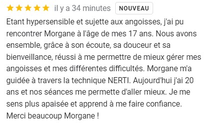Five-star French customer review for Morgane's NERTI therapy sessions for anxiety and hypersensitivity.