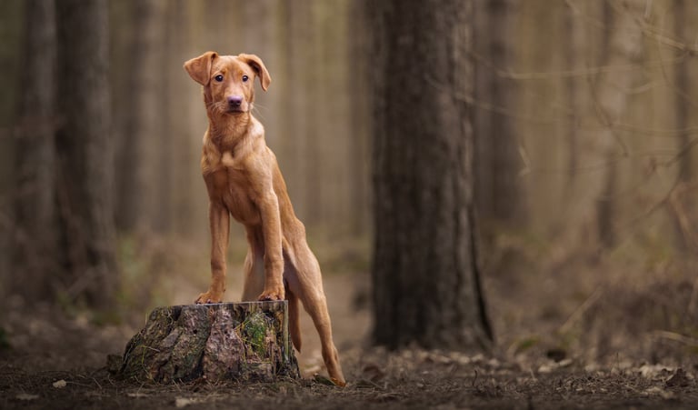 A Fox Red Labrador puppy standing on a mossy tree stump during pet photography in wakefield