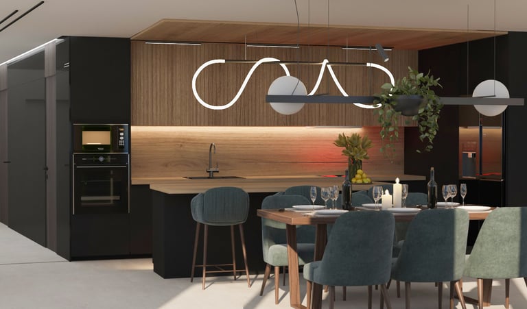 A contemporary kitchen featuring a dining table surrounded by stylish chairs, showcasing a sleek and