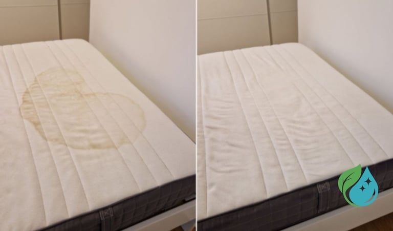 Matelas blanc et gris foncé posé sur un lit dans le coin d'une chambre Matelas sale puis propre près l'intervention de NetT