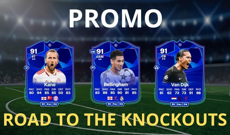 campo da calcio con carte di kane, bellingham e van dijk road to the knockouts rttk