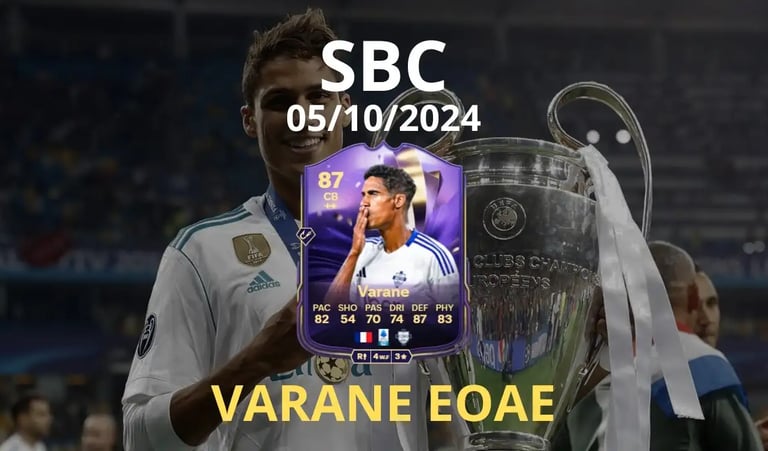 Varane con la coppa della champions in mano e la carta di Varane EOAE su FC 25