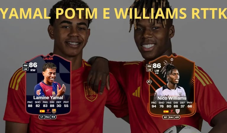 yamal e nico williams con la maglia della spagna con le carte di Yamal Potm e Nico Williams SBC su FC 25