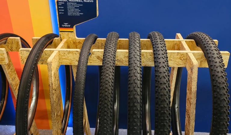 Detailed view of tire displays at the American Classic exhibition stand.