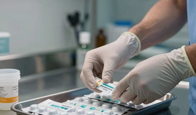 Close-up of a male nurse's gloved hands preparing a labeled medication tray on a stainless steel clinical counter, individual blister packs and a medication cup visible, cool fluorescent overhead light casting precise shadows, shallow depth of field with the background clinical shelving softly out of focus