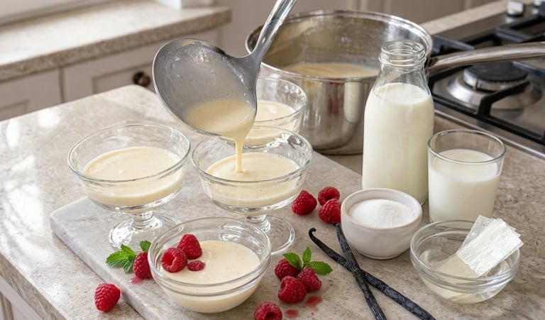 A metal ladle pours creamy homemade vanilla panna cotta into glass dessert bowls with raspberries.