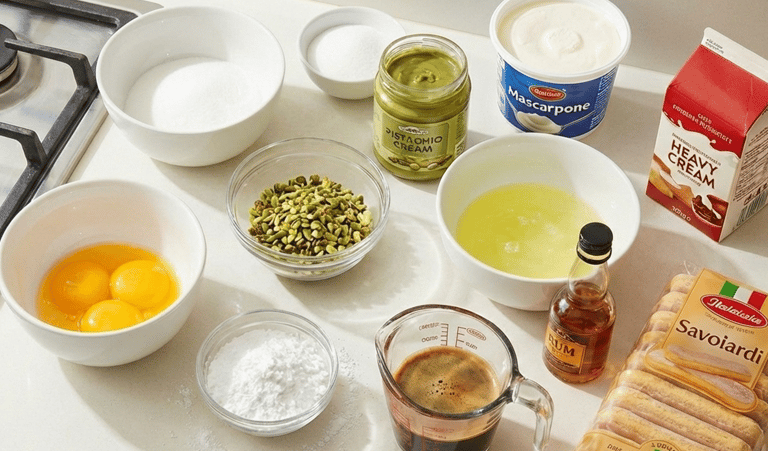 Baking ingredients for pistachio tiramisu featuring mascarpone, ladyfingers, espresso, and pistachio cream on a counter.