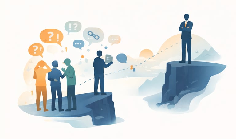 distant leader standing apart from team, relying on second-hand reports while staff discuss problems below.