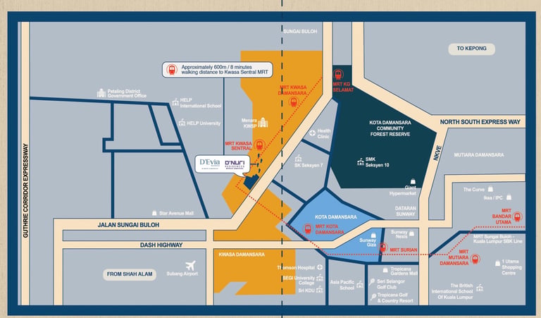 Location map of D'Evia showing proximity to Kwasa Sentral MRT station and DASH Highway.