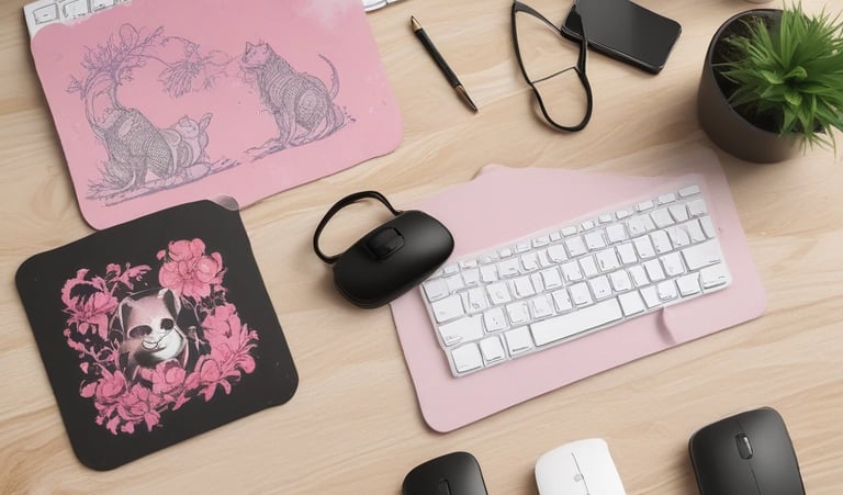 A collection of custom mouse pads, laptop cases, and phone cases displayed together.