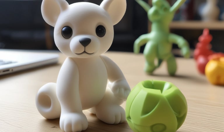 A person holds a detailed, intricately designed 3D-printed object, with a laptop displaying a 3D modeling software. The background features a 3D printer, suggesting a design and production process.