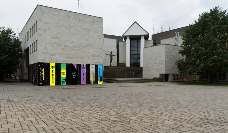 Colourful external banner on the columns of the Žilinskis building.