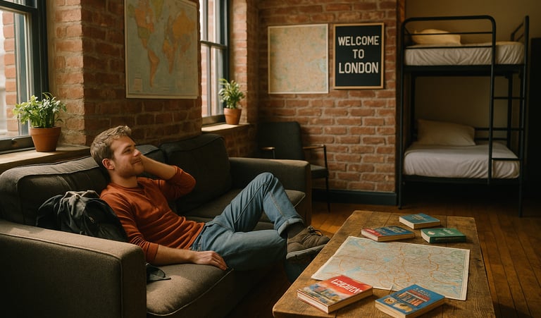 Modern London hostel common room with a relaxed backpacker, cozy seating, and travel gear — budget-friendly accommodation vib