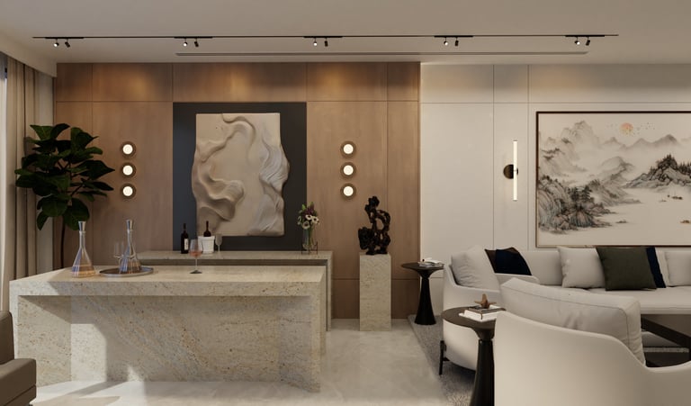 Luxury apartment living room with marble wall, interior design Dubai
