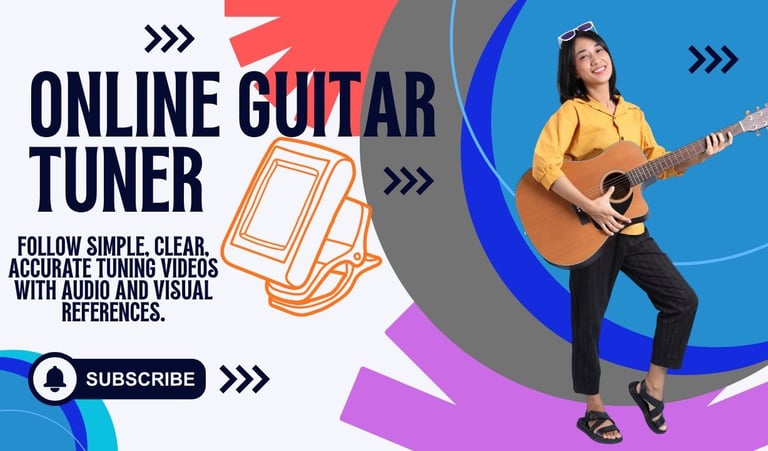 A woman holding an acoustic guitar next to online guitar tuner text and a digital tuner online web 