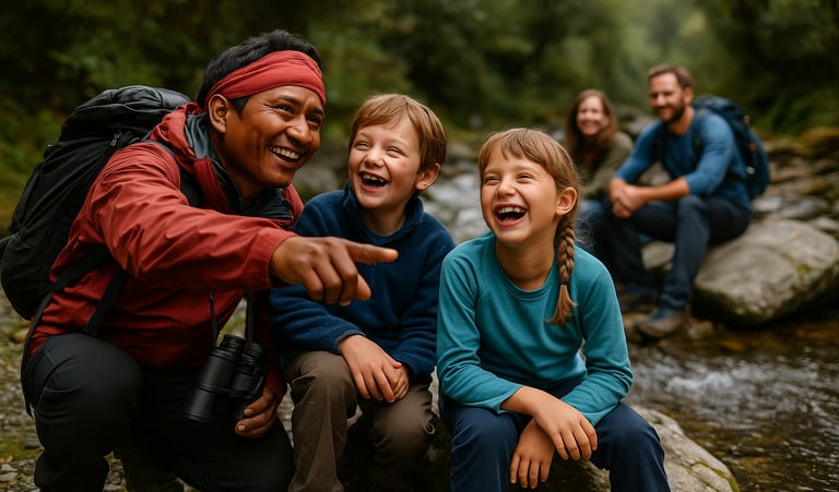 Trekking guide playing and teaching kids about nature on the trail.